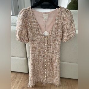 NWT Foxiedox Pink Tweed Pearl Button Mini Dress | XS